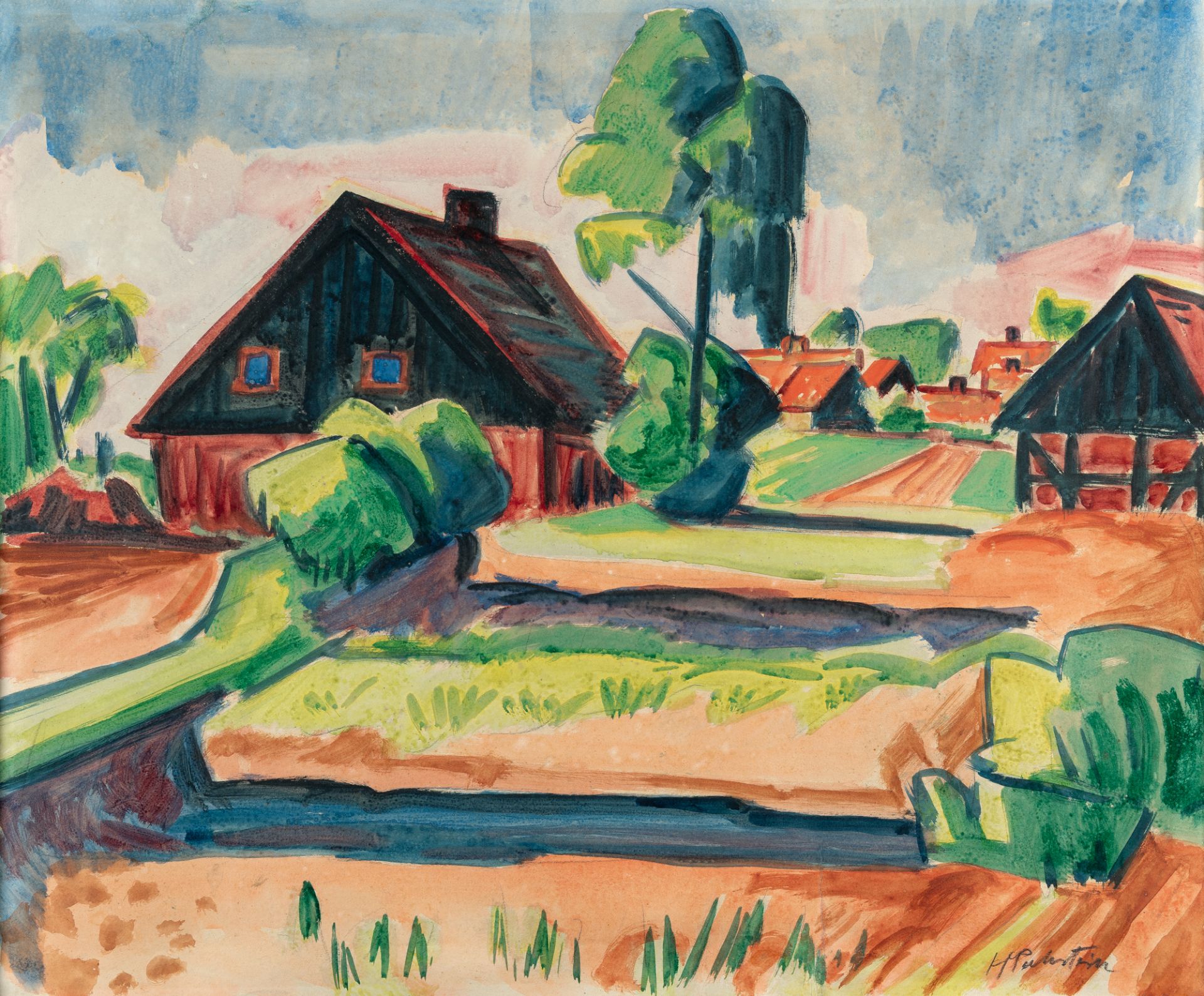 Hermann Max Pechstein (1881 Zwickau - Berlin 1955) – Landscape with houses and gardens.Watercolour