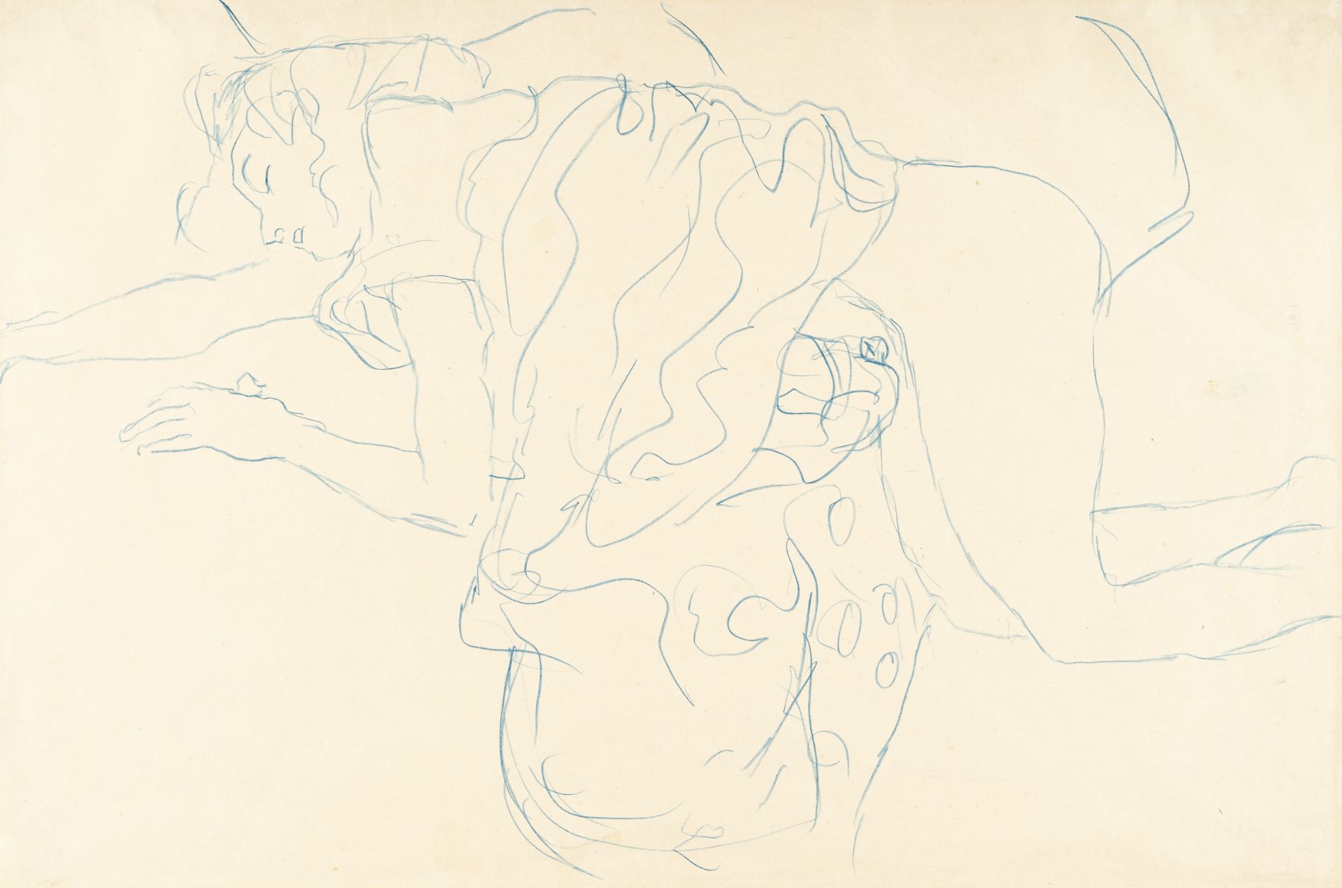 Gustav Klimt (1862 Baumgarten bei Wien - Wien 1918) – Kneeling demi nude facing left.Blue chalk on