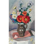 Gabriele Münter (1877 Berlin - Murnau 1962) – Bouquet with dahlias.Oil on cardboard. (1948). C. 55 x