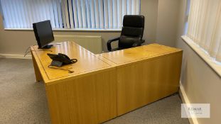 2: Rectangular Executive Desks, Leather Chair, Double Glass Fronted Cabinet, Oak Meeting Table