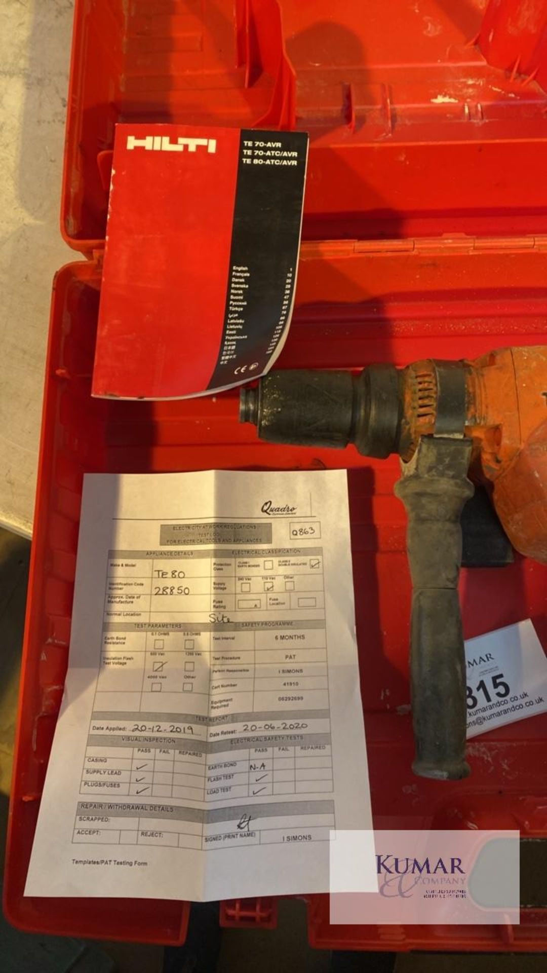 Hilti TE80-ATC/AVR 110 Volt Hammer Drill / Breaker with Carry Case - Image 3 of 3