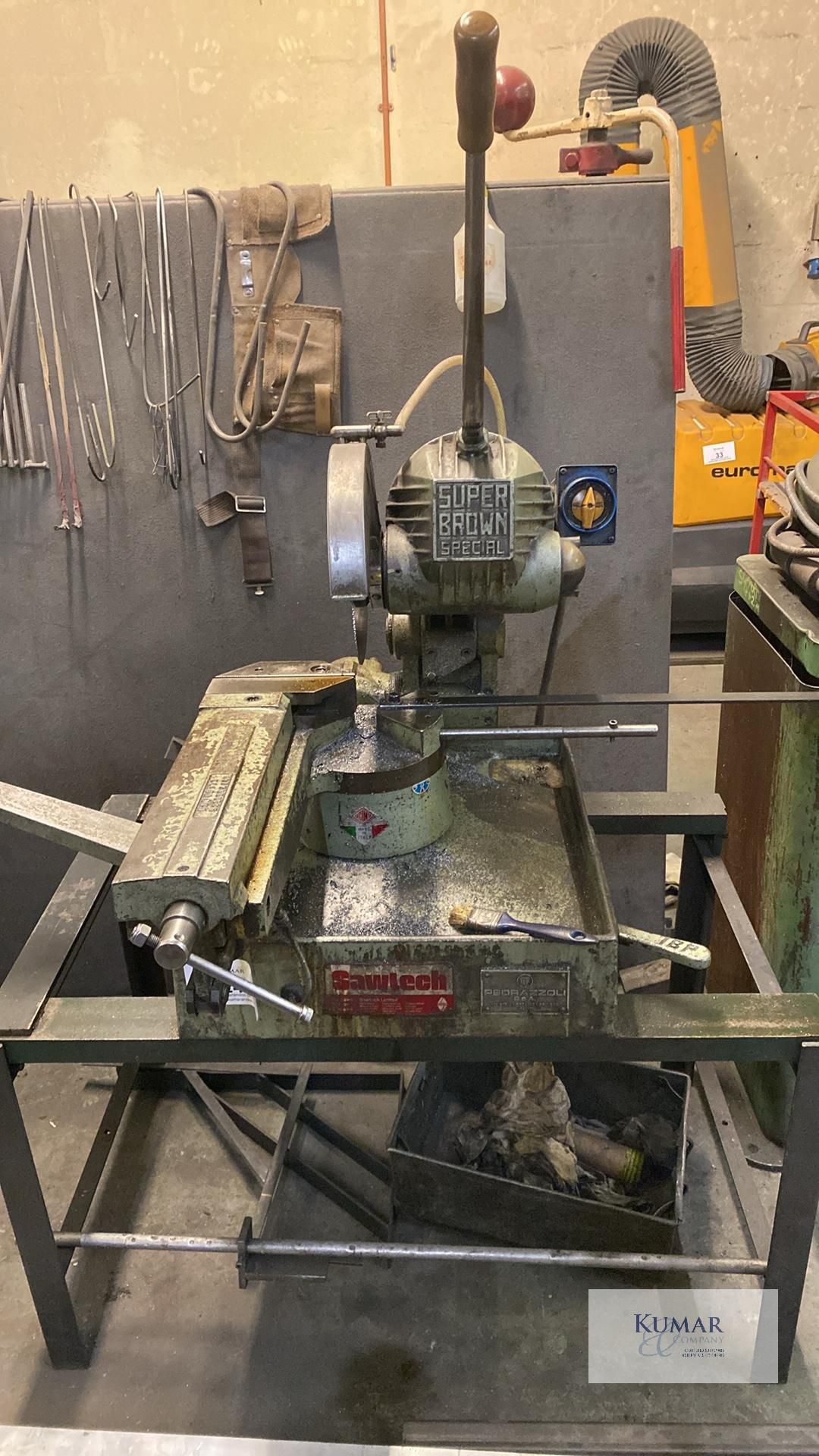 Pedrazzoli SuperMec Brown Cut Off Saw Mounted on Work Bench with Specialist Vice & Roller Wheel