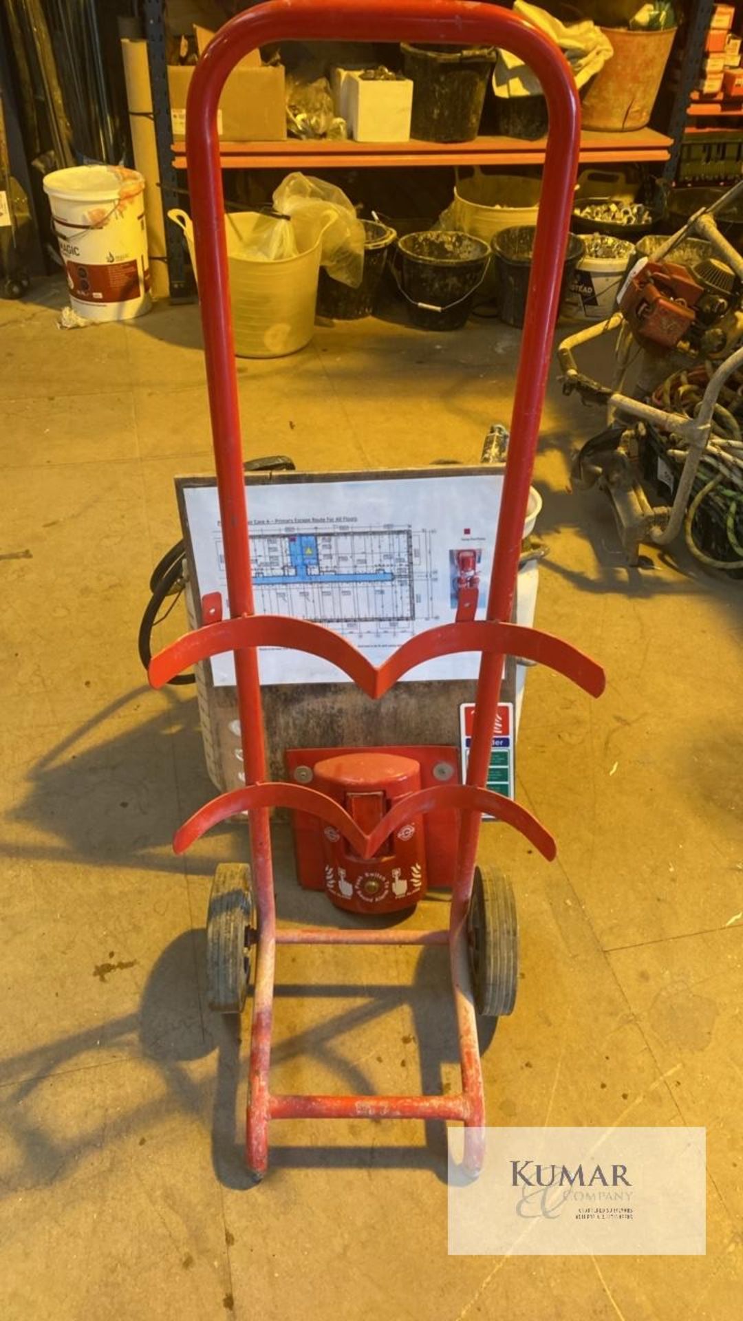 Assorted lot to include fire extinguisher trolley. Rake & portable water tanks - Image 4 of 6