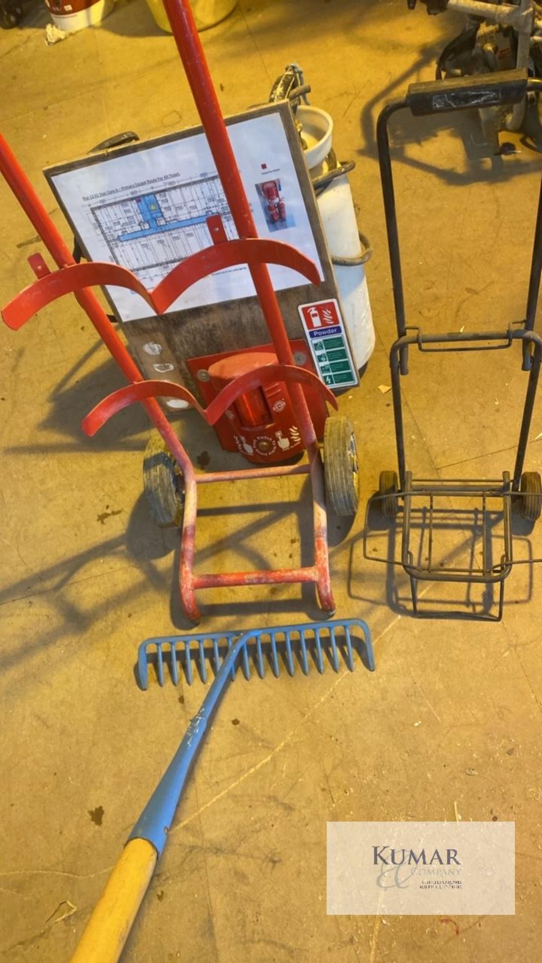 Assorted lot to include fire extinguisher trolley. Rake & portable water tanks - Image 6 of 6