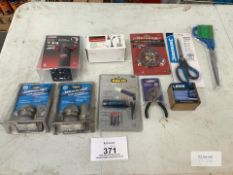 Assortment of Tools To include Trailer Hitch Lock, Digital Inclinometer Soldering Tool