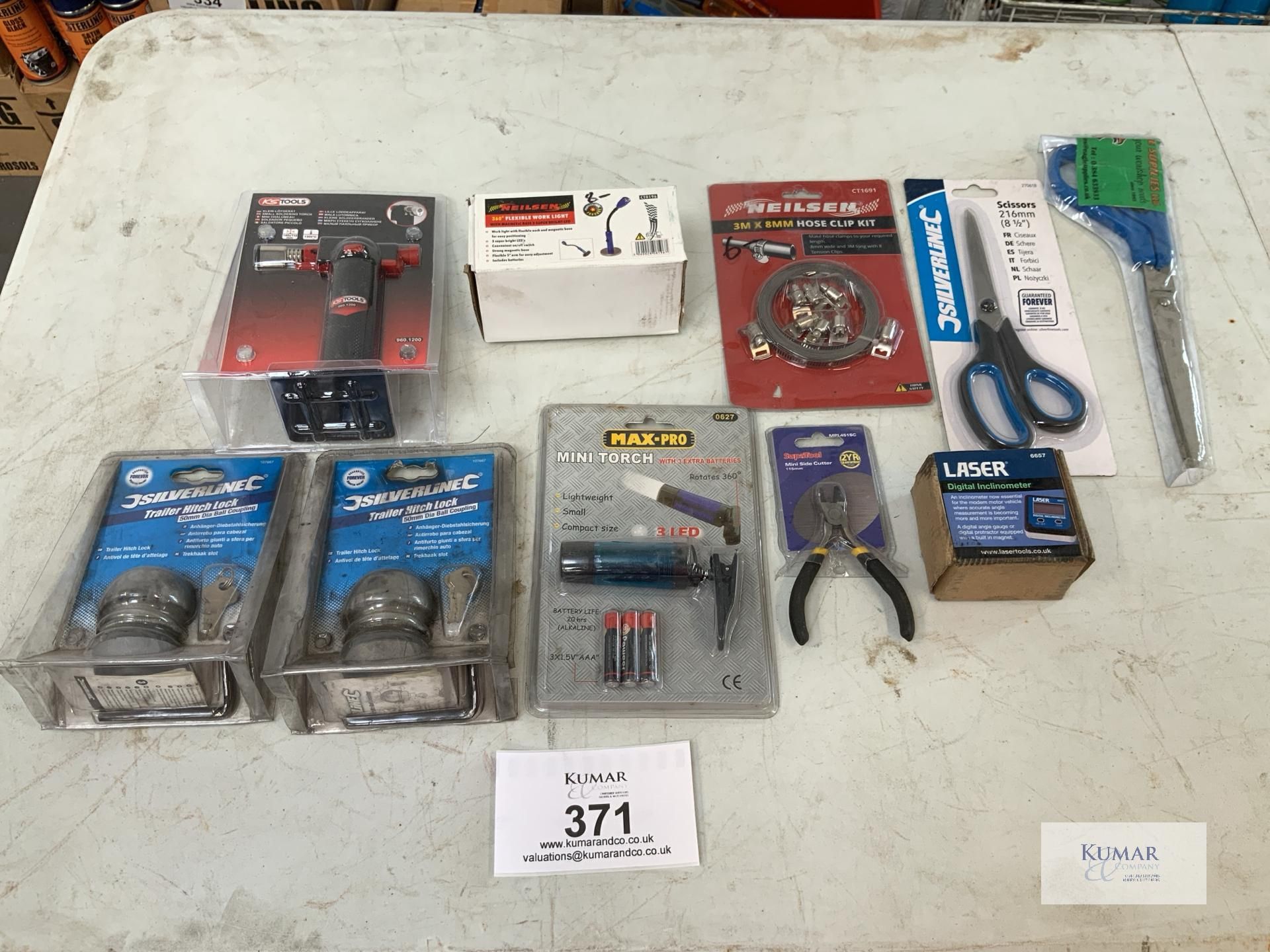 Assortment of Tools To include Trailer Hitch Lock, Digital Inclinometer Soldering Tool
