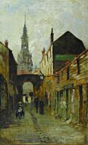 Charles James Lauder (1841 Glasgow - 1920 ebenda), Old Glasgow - Blick in eine belebte Gasse