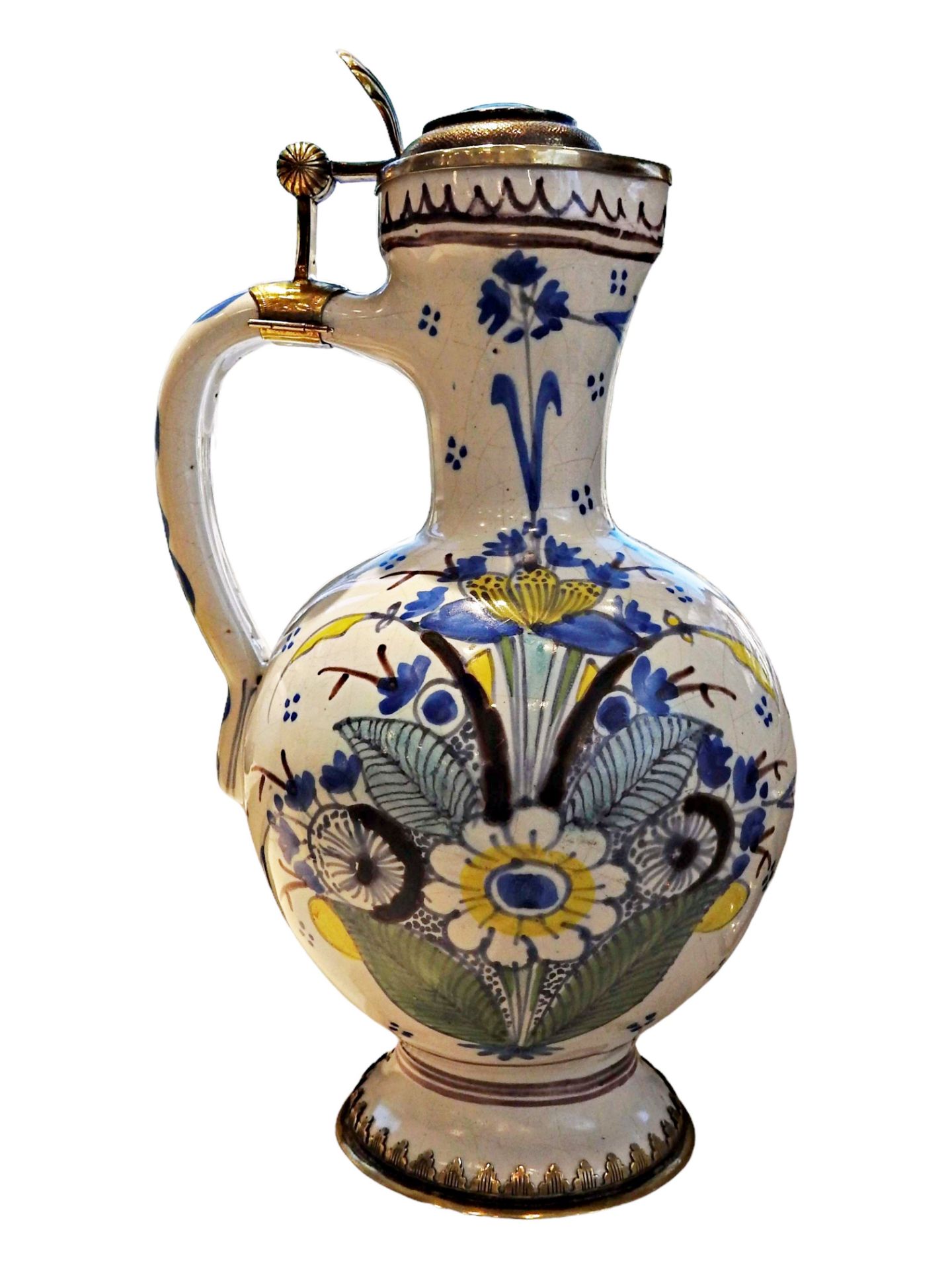 Fayence-Enghalskrug mit Blumen- und Vogelmalerei und Silber Monteur Nuremberg - Bild 7 aus 7
