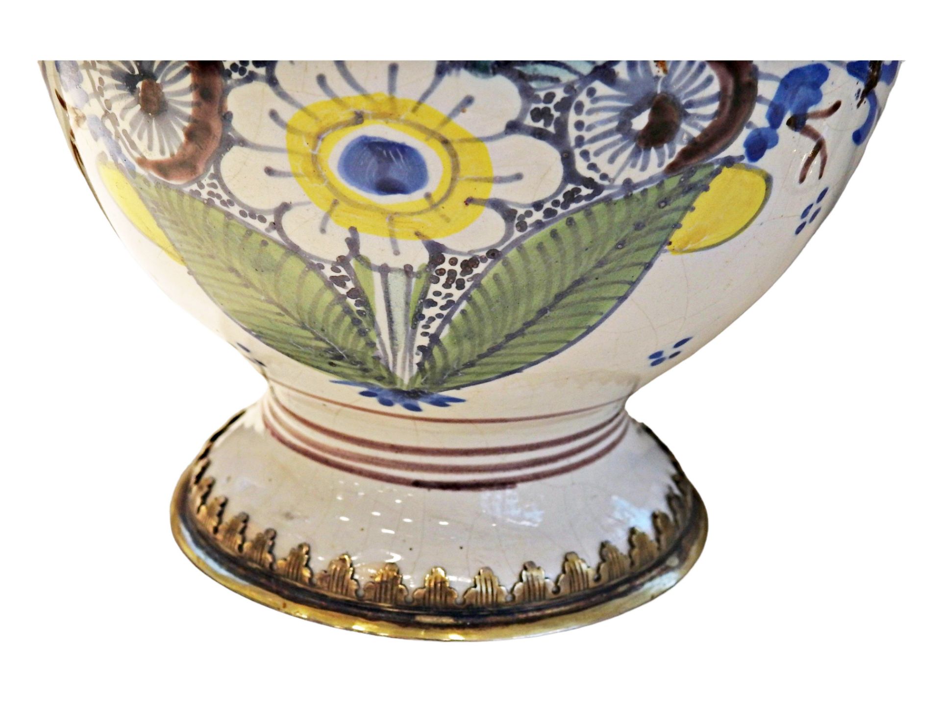 Fayence-Enghalskrug mit Blumen- und Vogelmalerei und Silber Monteur Nuremberg - Bild 6 aus 7