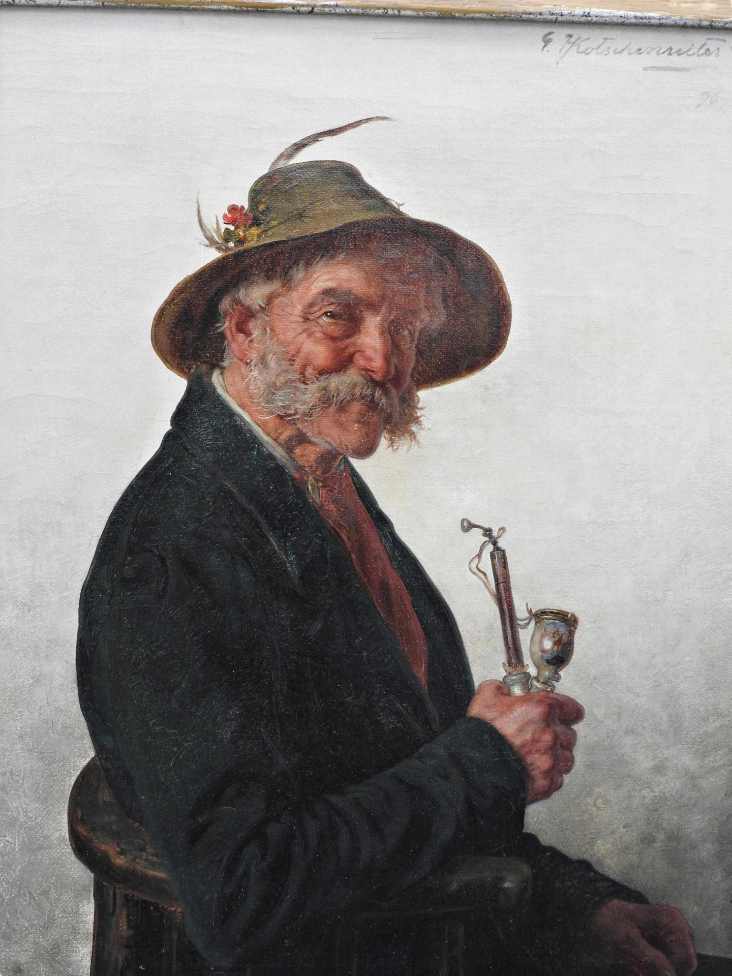 Hugo Kotschenreiter (1854 Hof – 1908 München), Sitzender alter Bauer mit Pfeife - Image 2 of 6
