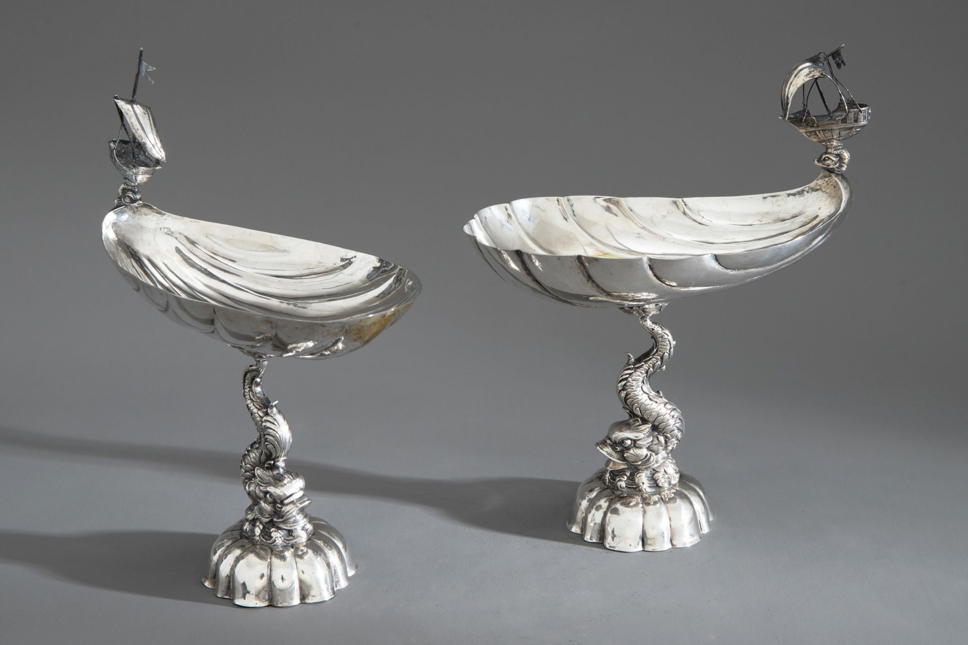 Pair of German silver bowls with fish