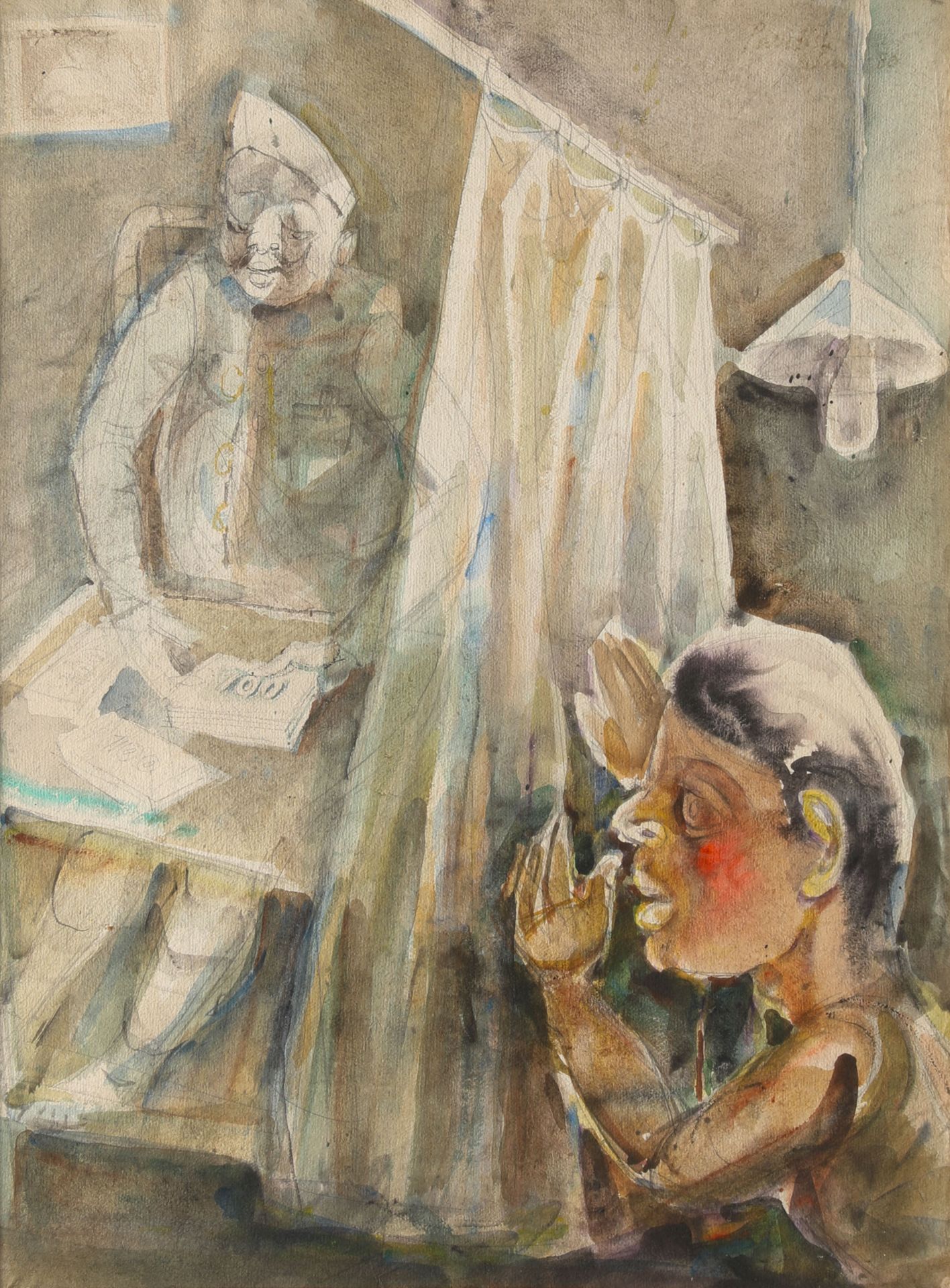 Paritosh Sen, Man Counting Money Behind the Curtain, 1980, Mischtechnik/ Papier