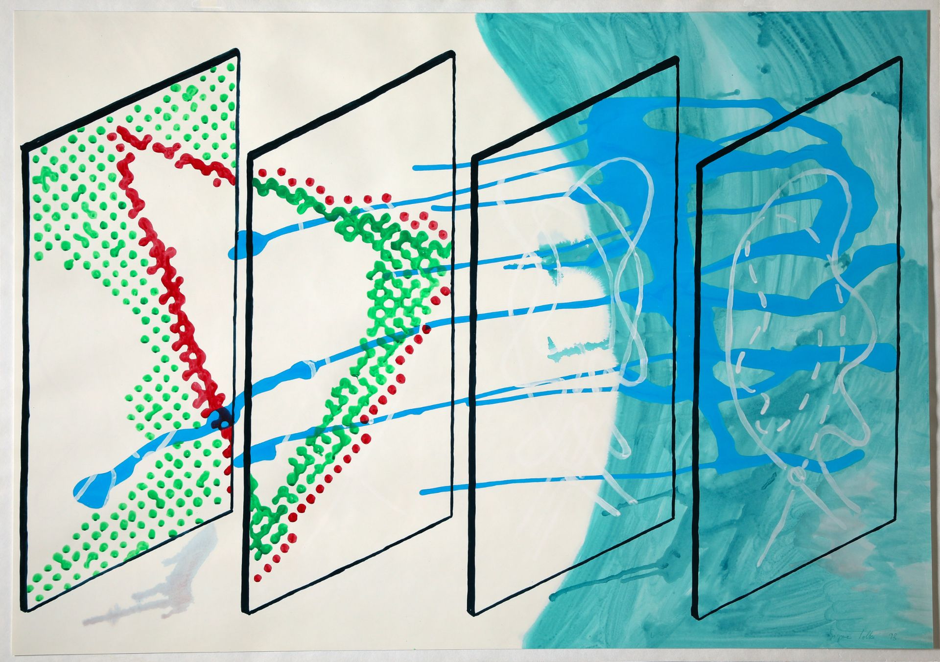 Sigmar Polke*, Unique, 1993, overpainting on Offset/ Mönchengladbach 1992, signed - Image 2 of 6