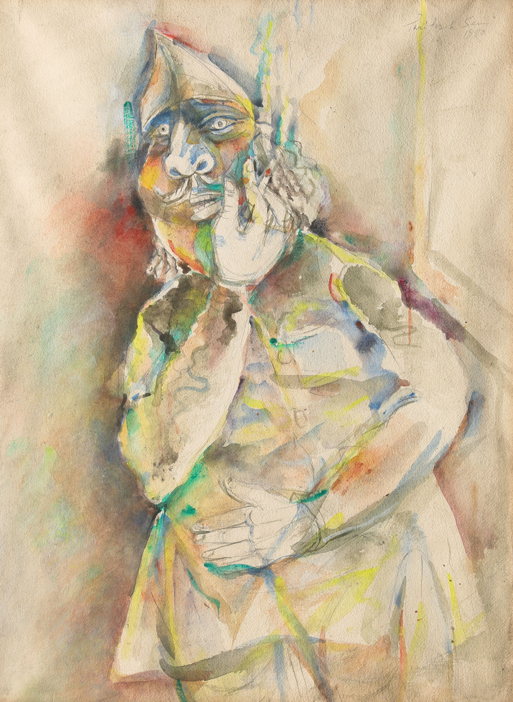 Paritosh Sen, Untitled (Man smoking Cigarrete), 1980, Acrylic as watercolor/paper