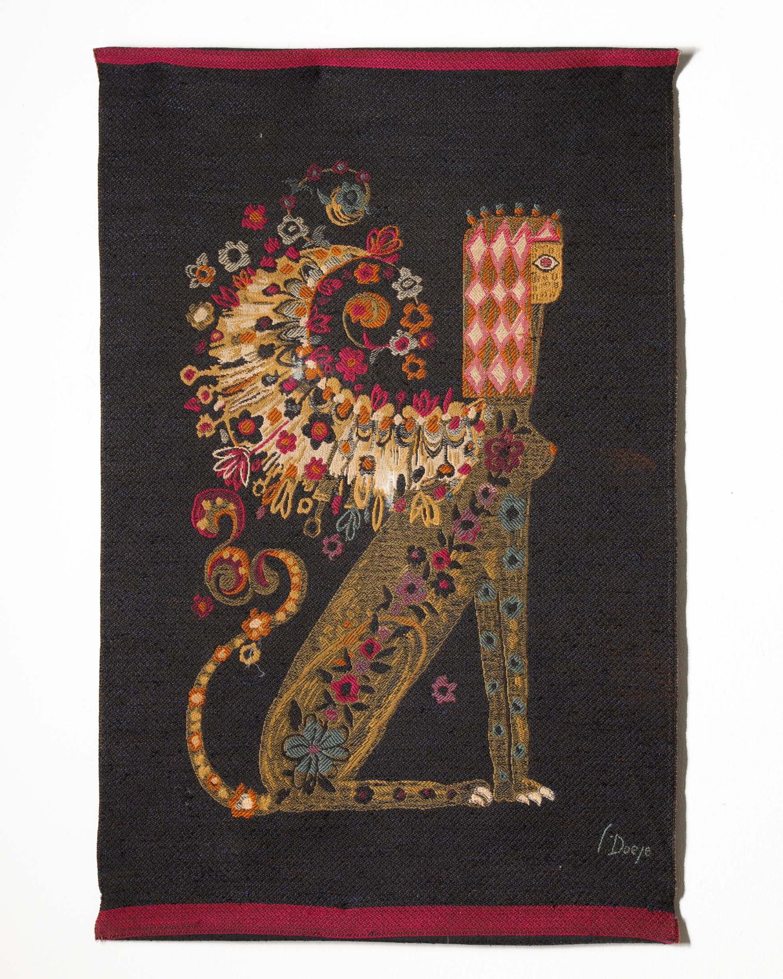 Siegfried Doege, tapestry, sphinx with flowers, 100 x 65,5 cm