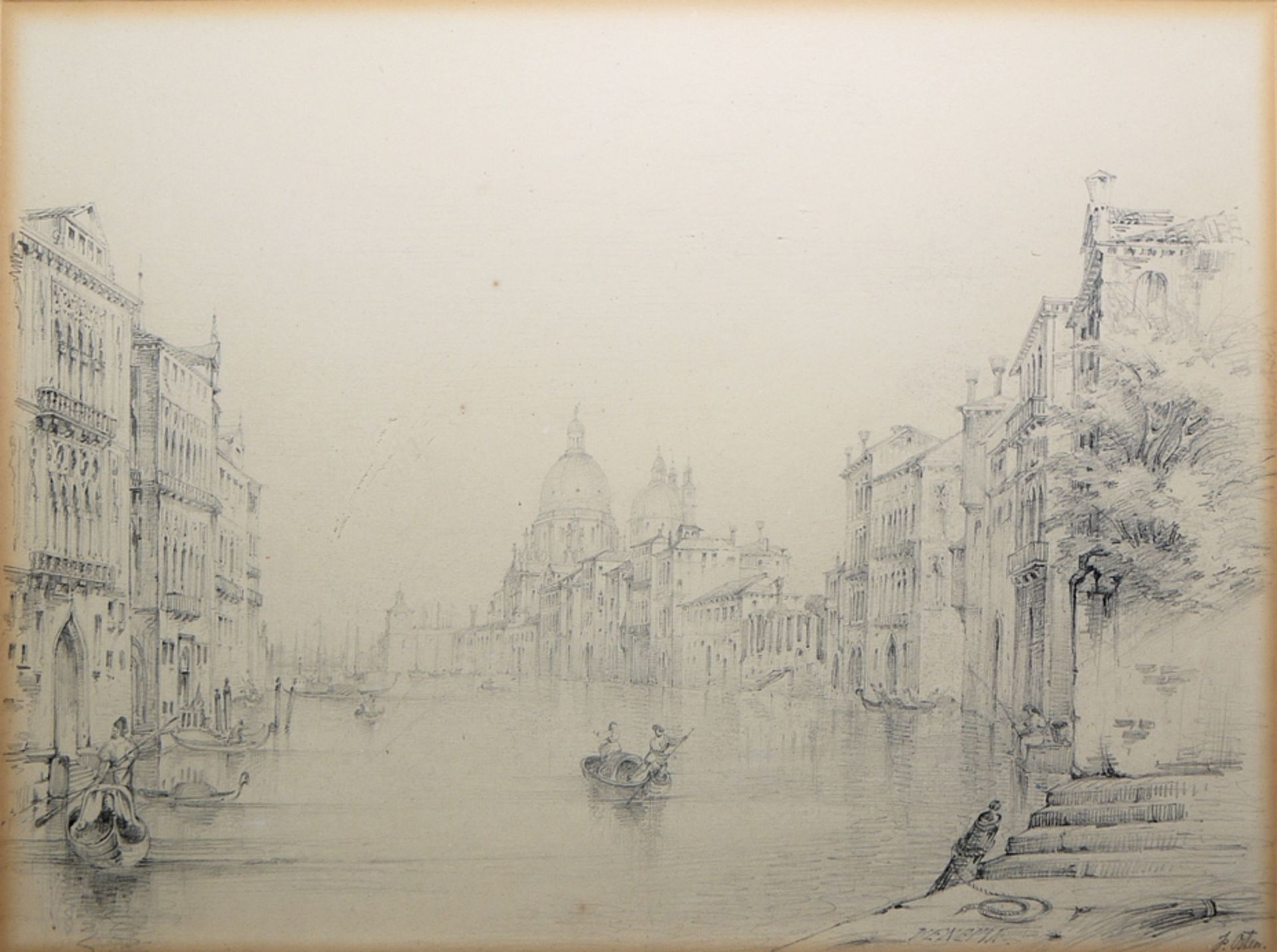 Friedrich Osten, "Venezia", feine Bleistiftzeichnung von 1840/42, sign., gerahmt - Bild 3 aus 3