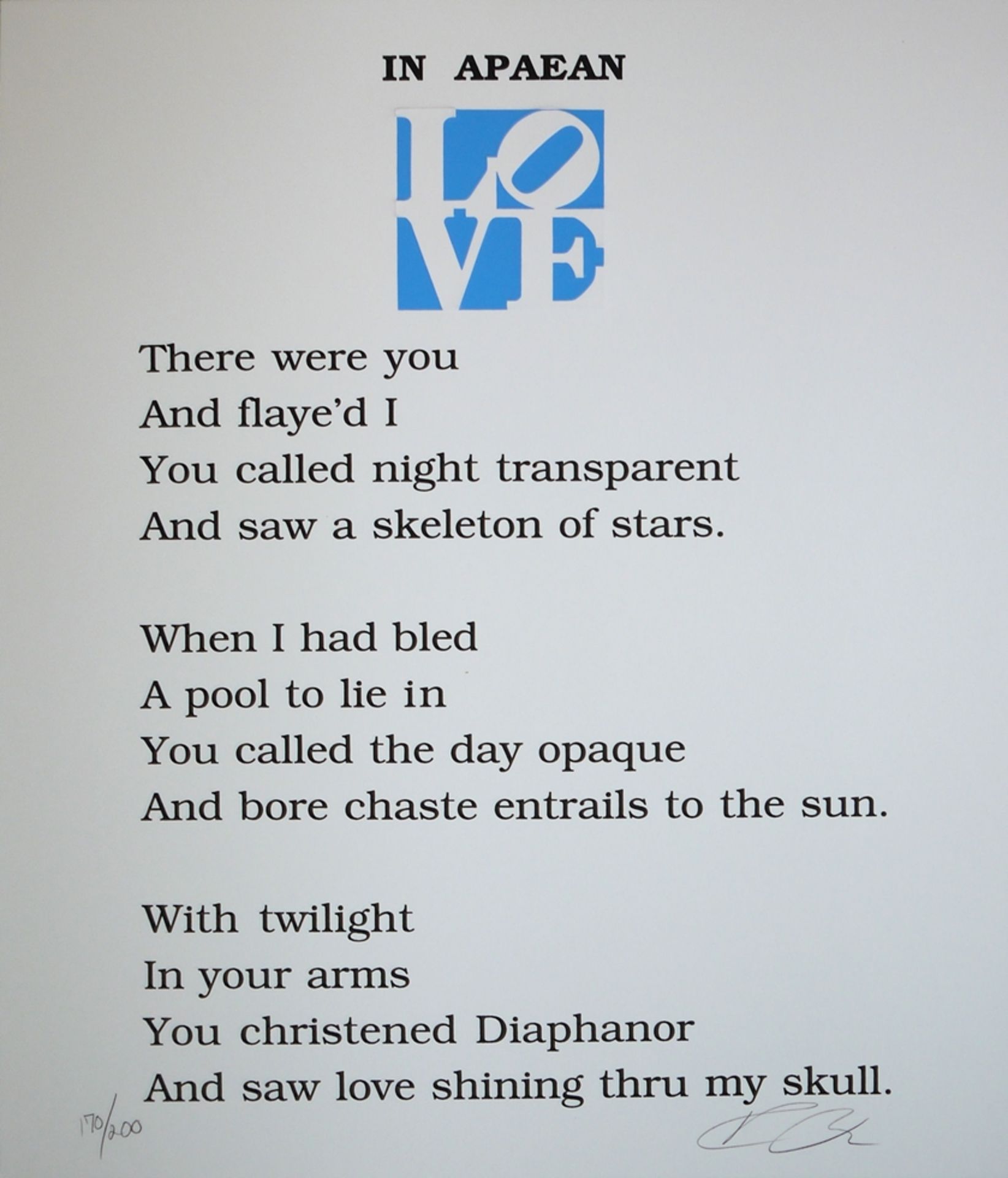 Robert Indiana, Love Poem "In Apaean", signierter Farbsiebdruck von 1996 