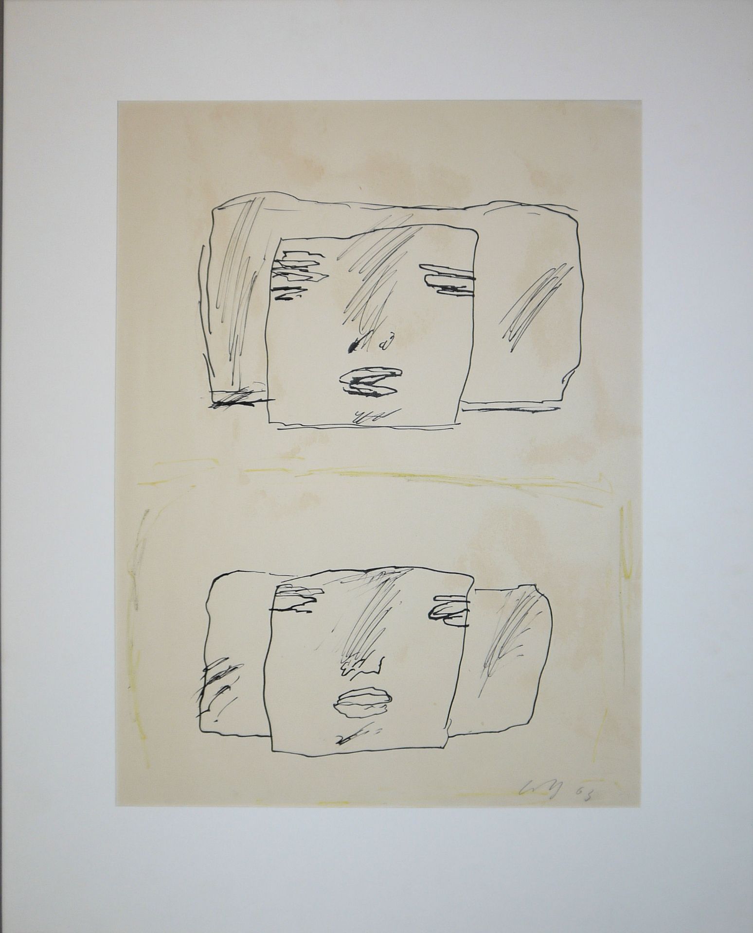 Wilhelm Loth, 2 kubische Frauenköpfe, ink drawing with watercolour from 1963