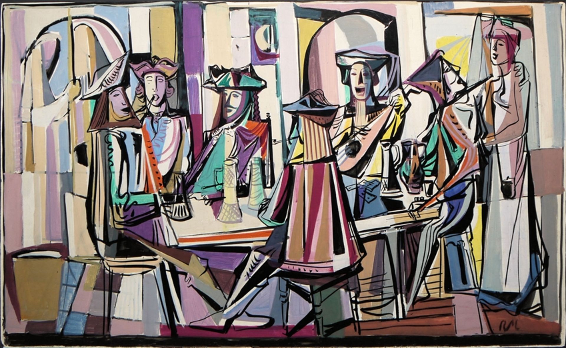 Rolf Müller-Landau, Wirtshaus, large cubist oil painting from around 1950, in the original artist's - Image 3 of 3