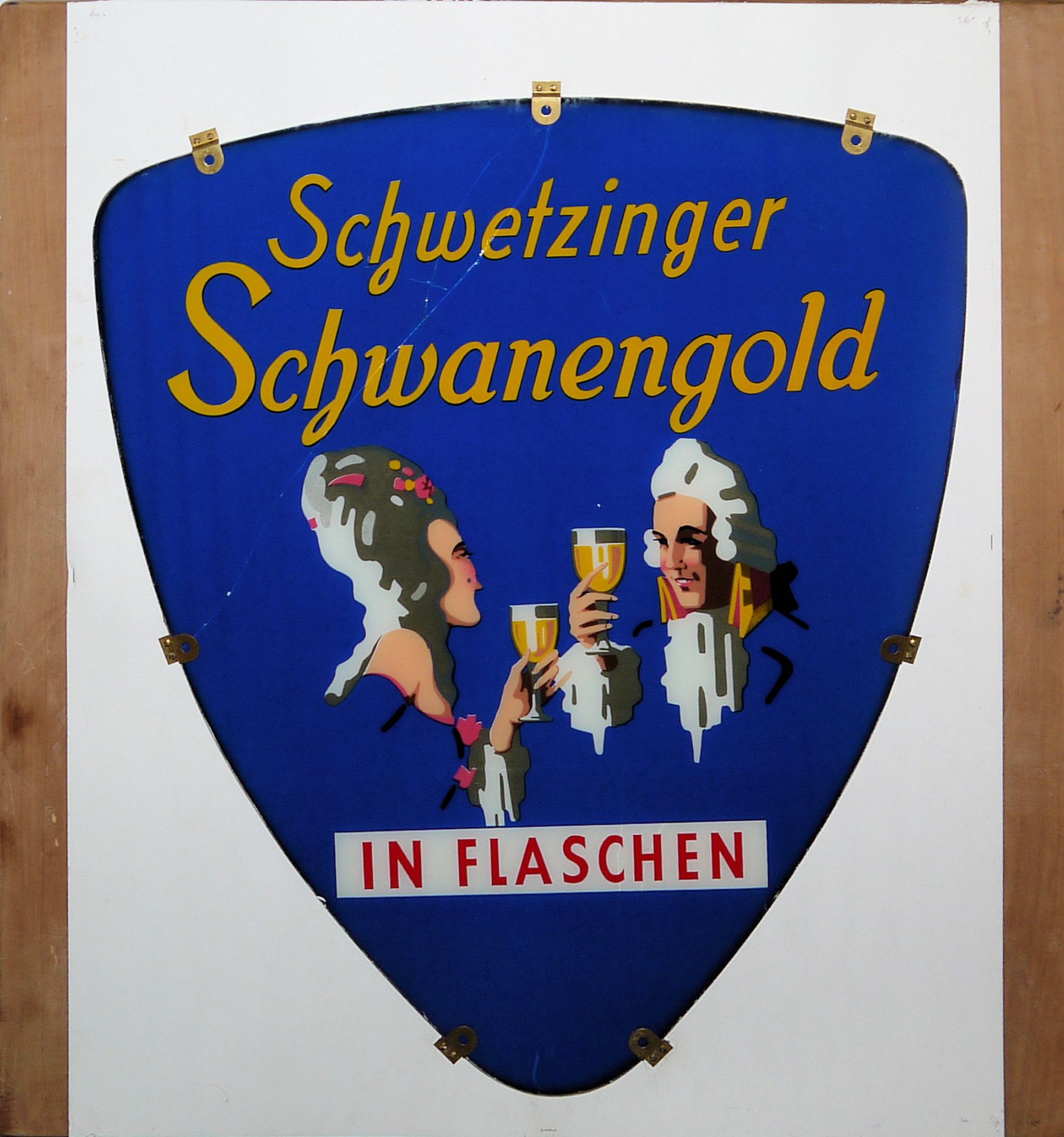 Schwetzinger Schwanengold in Flaschen, Bierreklame, seltenes Glasschild, um 1950-1960, für Selbstab
