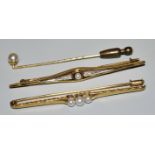 Two bar brooches and lapel pin with pearls and diamonds, gold, circa 1900/30