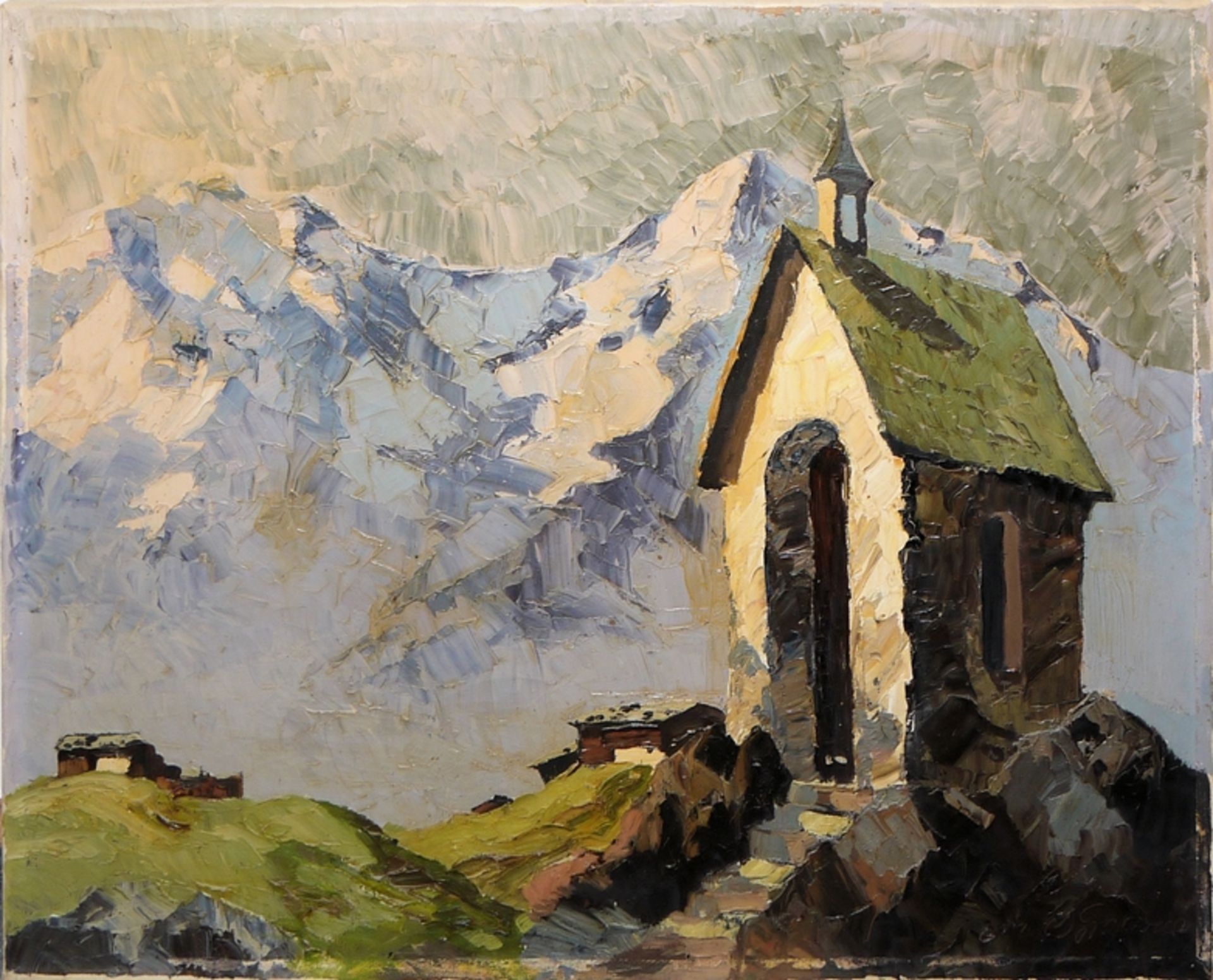 Georg Arnold-Graboné, Chapel in front of mountain peaks, oil painting