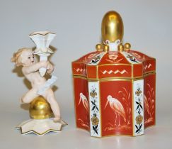 Porzellan-Deckeldose des Art Deco von Heubach, Modell Fraureuth & Putto von Karl Tutter, Hutschenre