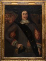 Adels-Porträtist um 1650, repräsentatives Bildnis eines Barock-Fürsten mit Wappenkartusche, Ölgemäl