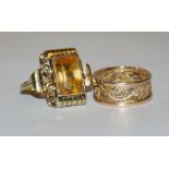 Citrine ring and filigree ring, gold, circa 1920-1940