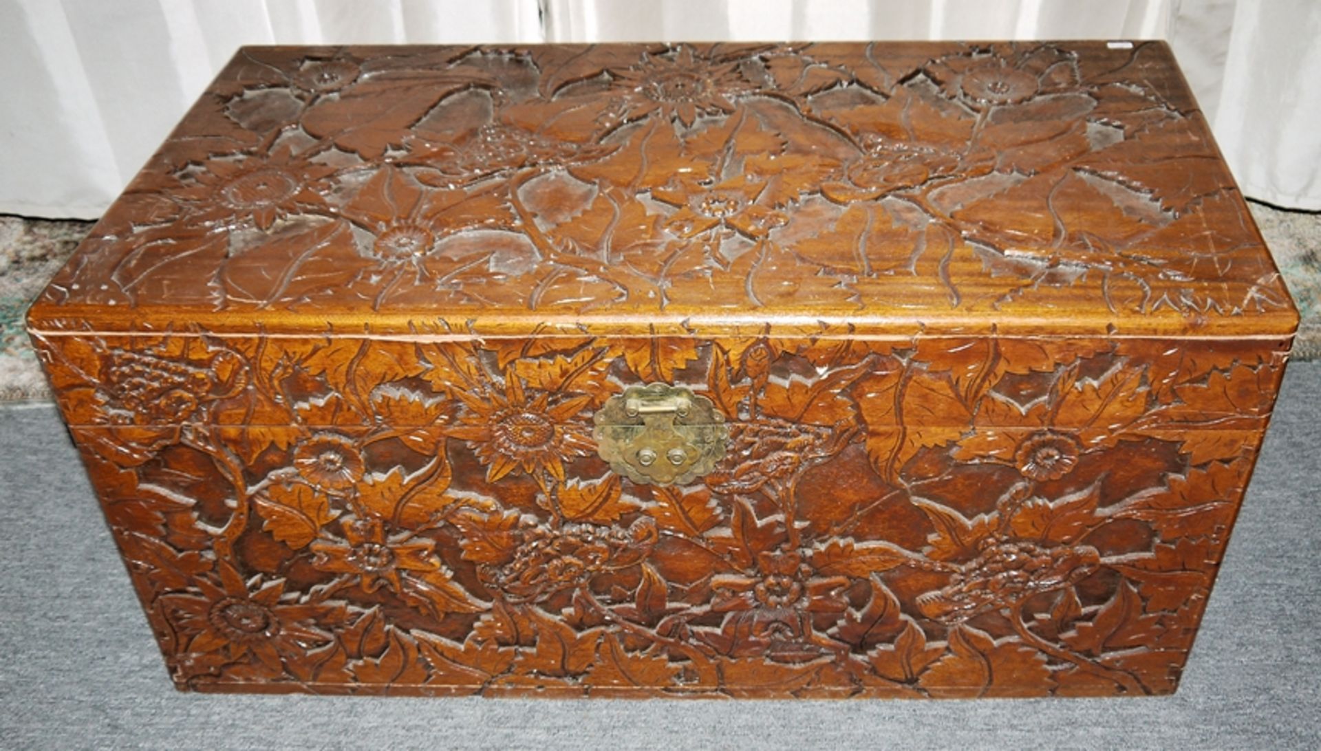 Chinese camphor chest with rich carving, 1st height 20th century