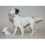Porcelain sculpture Hunting dog with bird, Bing & Gröndahl & porcelain sculpture Sitting Schnauzer,