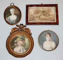 Four miniatures, 19th cent.; 3 portraits of ladies and a landscape, sepia drawing