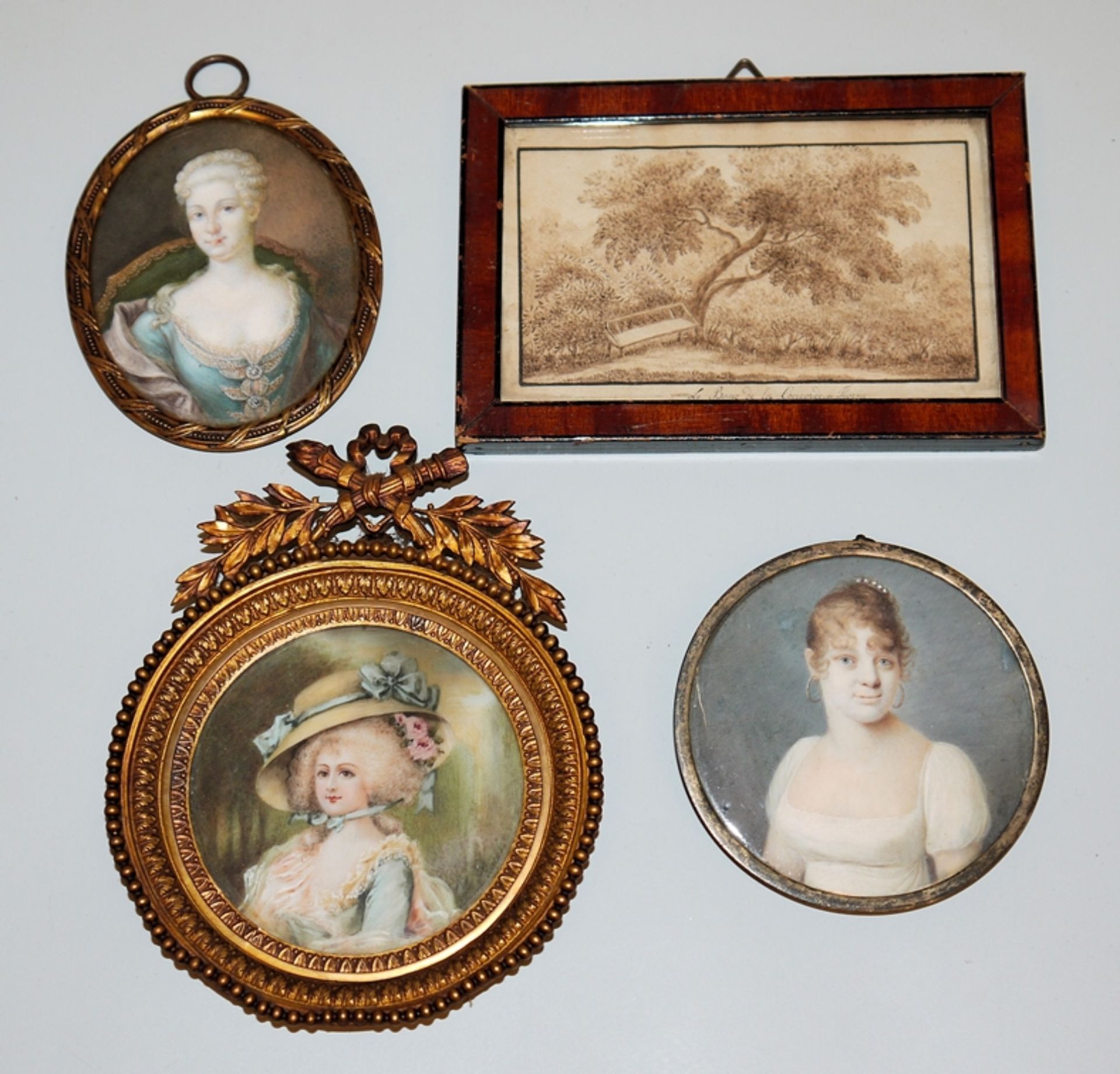Vier Miniaturen, 19. Jh.; 3 Damenportraits und Landschaft, Sepiazeichnung