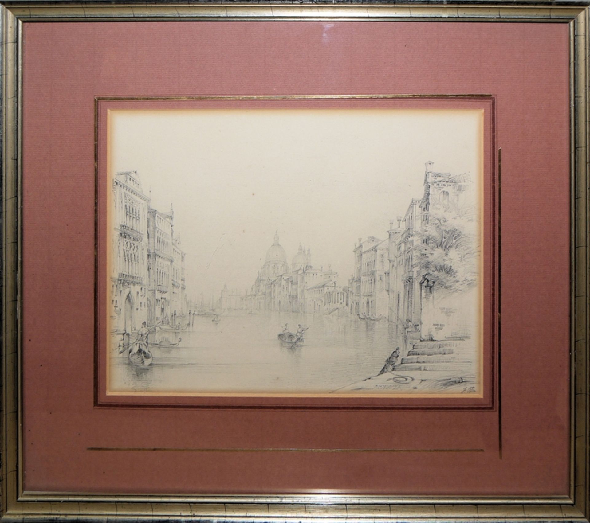 Friedrich Osten, "Venezia", feine Bleistiftzeichnung von 1840/42, sign., gerahmt