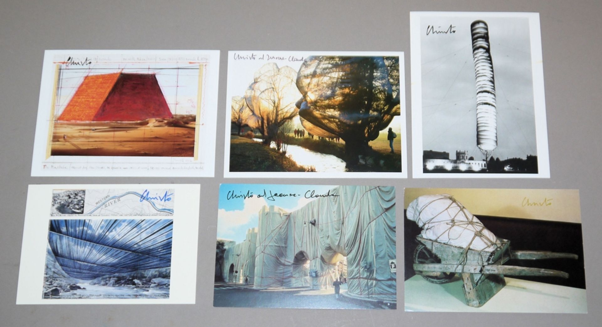 Christo, 6 hand-signed art postcards, twice additionally signed by Jeanne-Claude