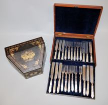 English 19th century cutlery set and chinoiserie box