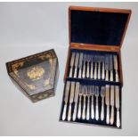 English 19th century cutlery set and chinoiserie box