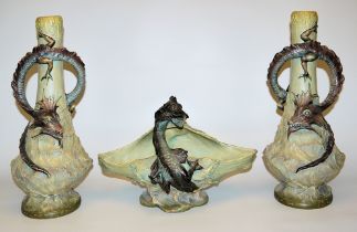 Seltenes Keramik-Trio des Jugendstils: Paar Drachenvasen und Schale der Siderolithfabrik Baehr & Ma