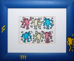 Keith Haring, "Dancing dogs", Farbserigraphie, im Künstlerrahmen
