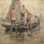 Hanns Fay, Vier Jungen mit einem Segelboot im Altrhein, oil painting, framed