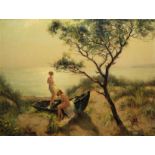 Wilhelm Hempfing, Two young women on the beach, oil painting, c. 1930, framed