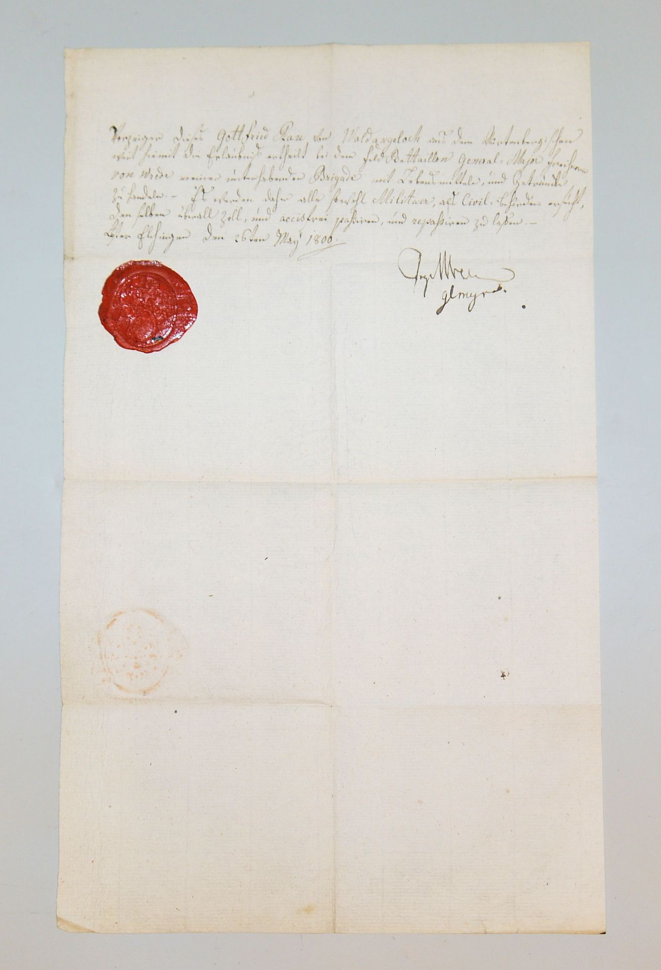 Passing licence, autograph of Prince von Wrede, 1800, with shellac seal - Image 2 of 2