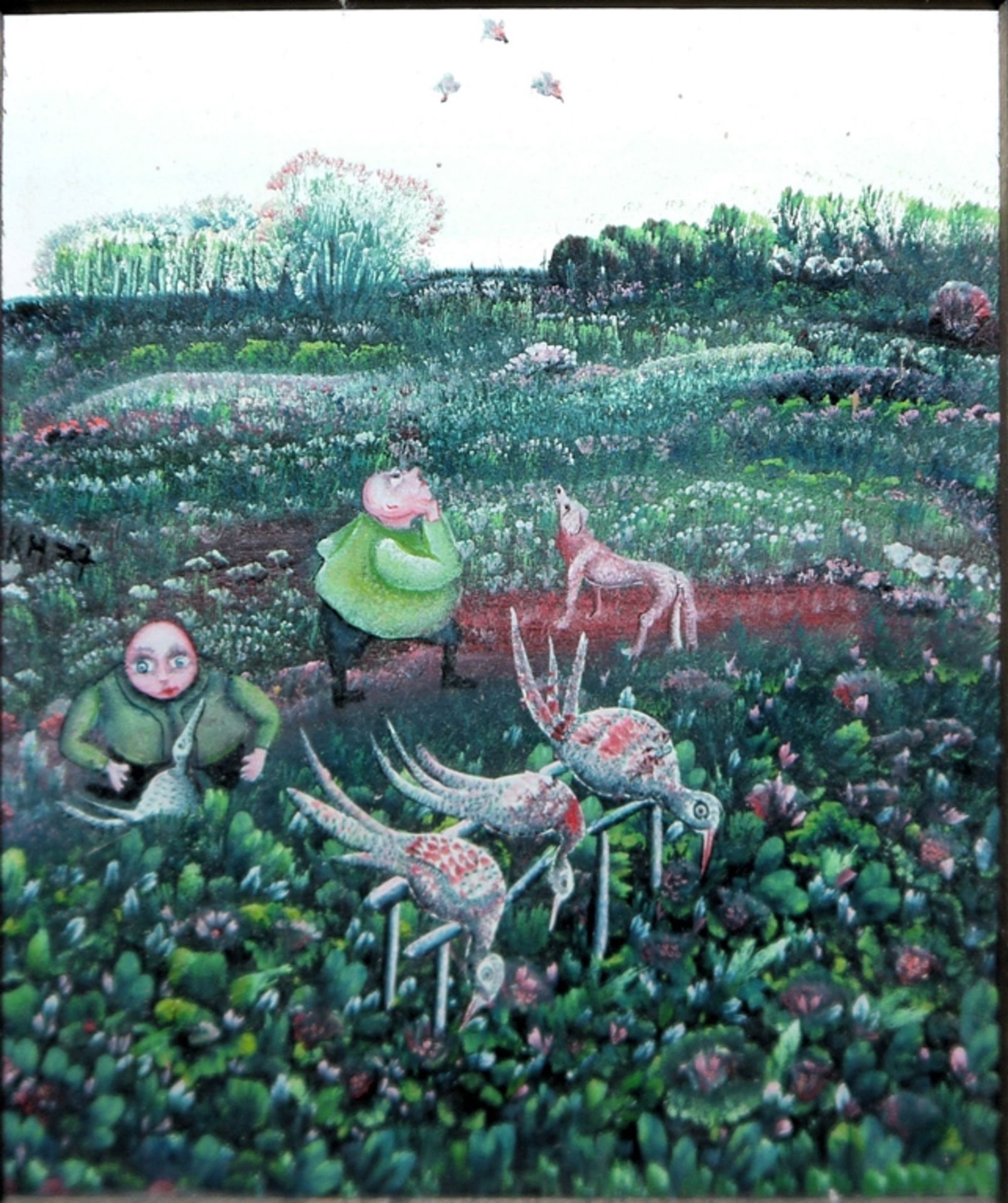 Karl Hurm, "Fasanen-Schießen", art brut-Ölgemälde von 1977, gerahmt - Bild 2 aus 3