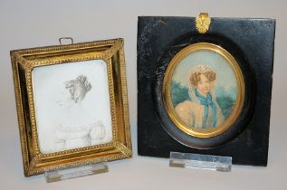 Two miniatures of young sisters around 1810
