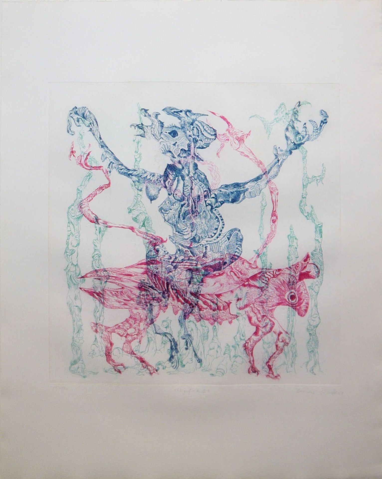 Bernard Schultze, "Migof-Ritt", signed colour etching from 1969, framed