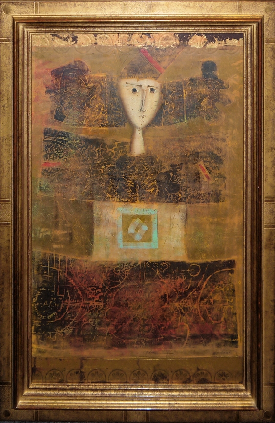 Mersad Berber, portrait, large colour woodcut with rolled gold leaf edge, in model frame