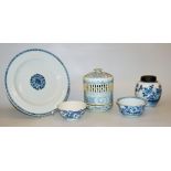 Incense lantern, large plate, storage jar, two food bowls, five Qing-period blue and white porcelai