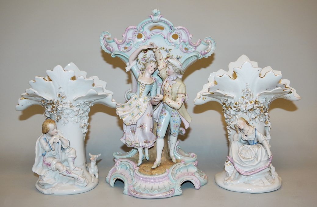 Three porcelain vases with figurative decoration, probably Saxony, 2nd height 19th century