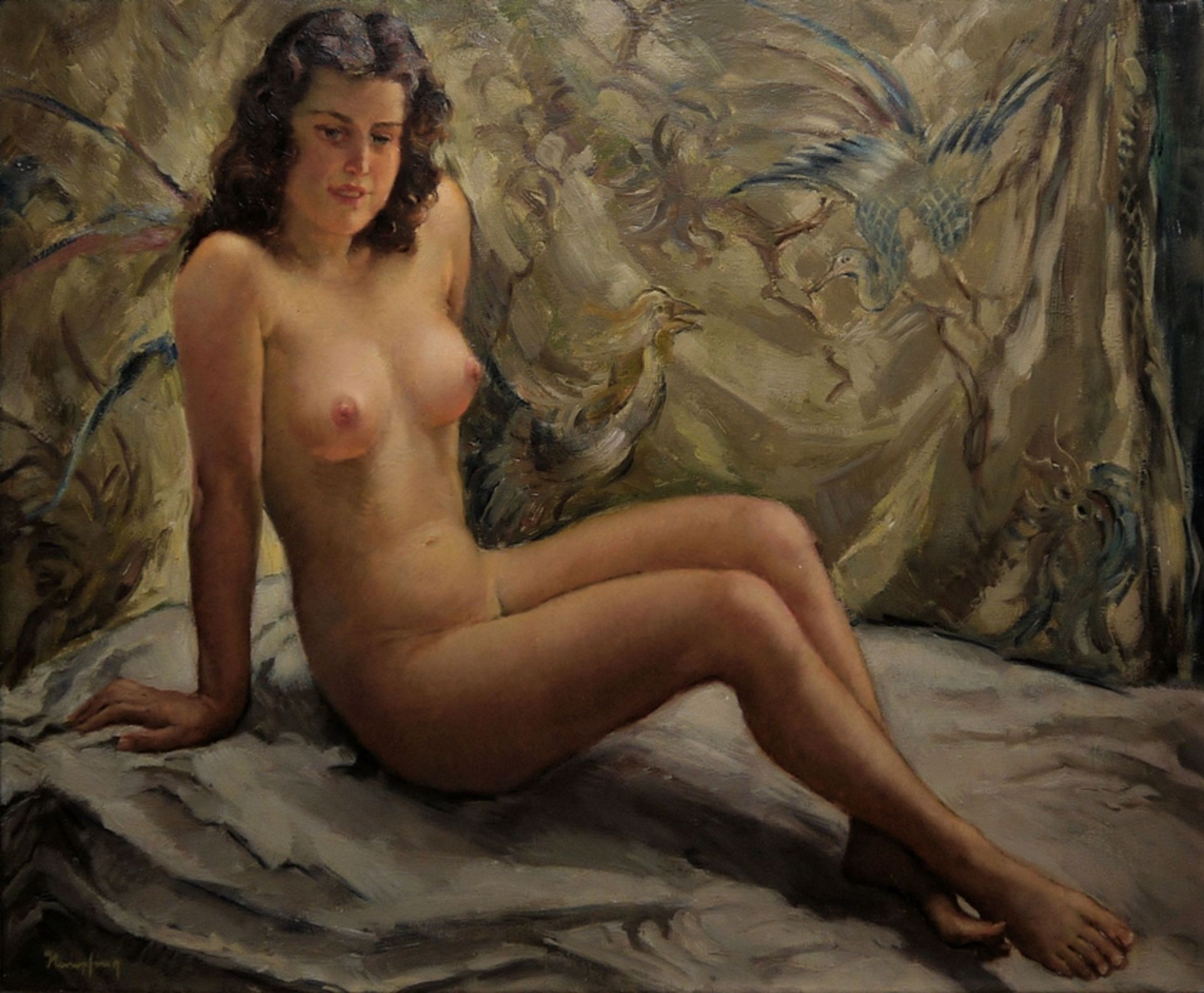Wilhelm Hempfing, Seated nude of a young woman, oil painting, framed