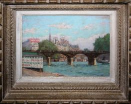 Albert Marie Lebourg zugeschr., Paris, "Ile de la Cité" mit Badekabinen an der Seine, Ölgemälde um